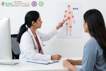 Ayurvedic doctor explaining ama toxins to a patient at KSAC Hospitals.