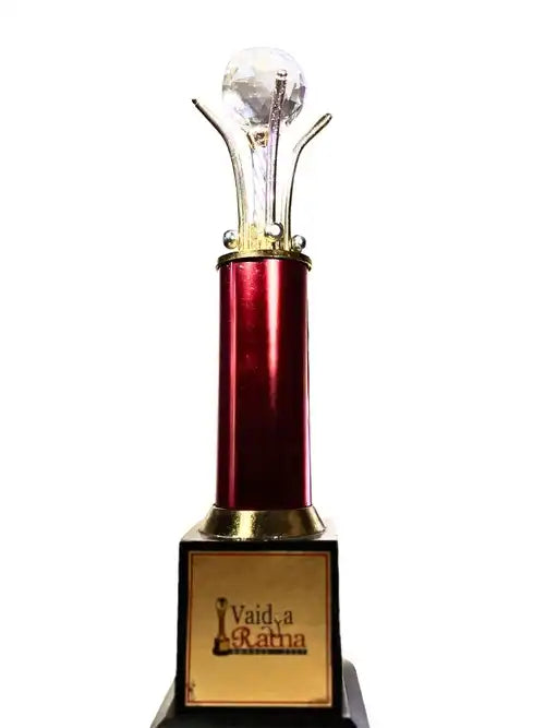 Trophy with a light bulb on top against a white background